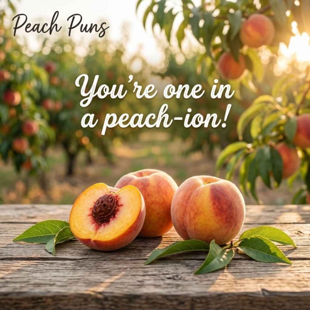 image featuring ripe peaches on a rustic table in a sunny orchard with a humorous peach-themed quote and realistic photography styling.