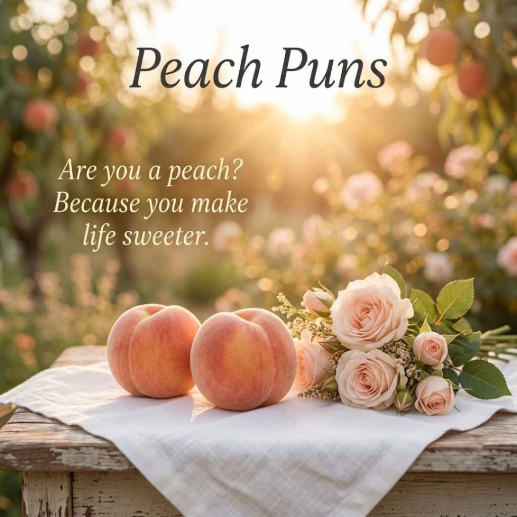 Romantic peach-themed photography with two peaches, roses, and a sweet pickup line, showcasing Peach Puns for couples and social media content.