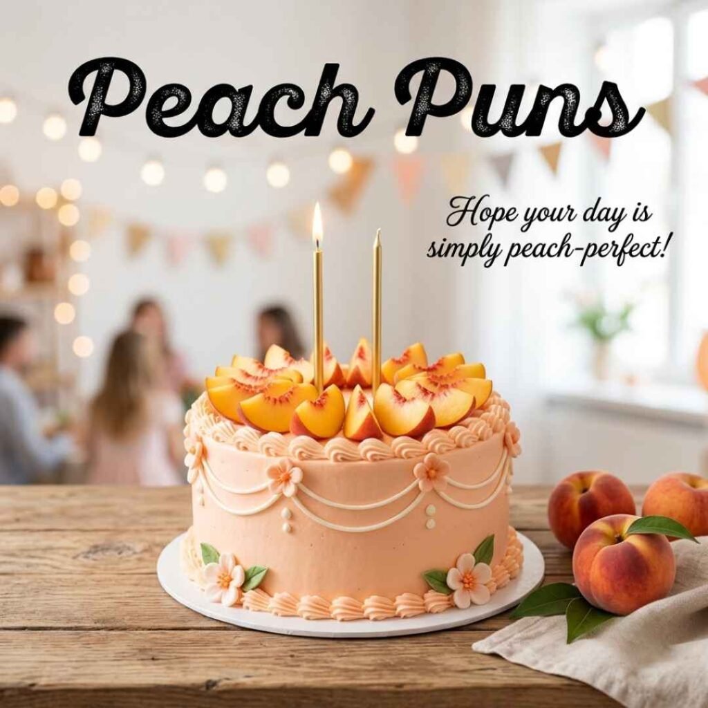 Birthday celebration image with peach cake, candles, fresh fruit, and a cheerful wish, highlighting creative Peach Puns for special occasions.
