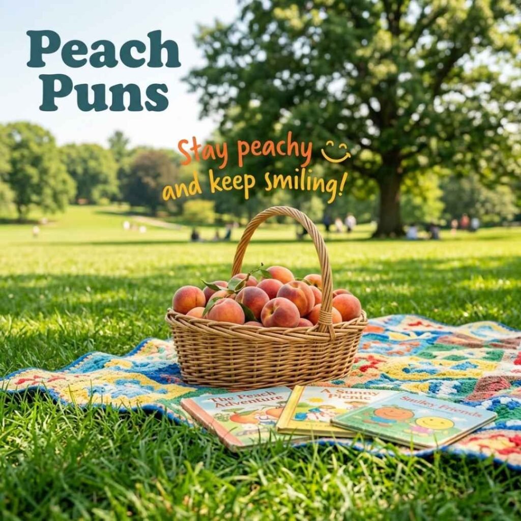 Family-friendly outdoor scene with fresh peaches, picnic setup, and a cheerful message designed around Peach Puns for children.