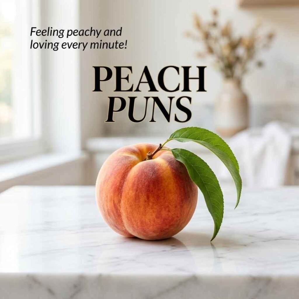 Minimalist social media image featuring a ripe peach on marble with stylish text and caption inspiration based on Peach Puns.