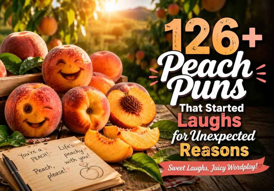 126+ Peach Puns That Started Laughs for Unexpected Reasons, showing fresh ripe peaches on a rustic table with cinematic orchard background, warm golden-hour lighting
