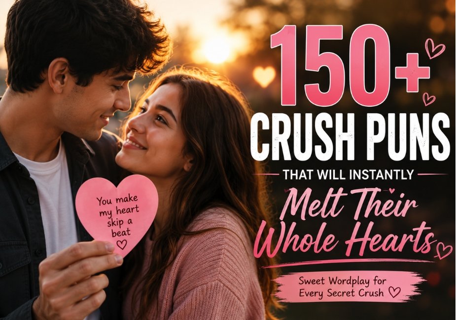 150+ Crush Puns featured image with a smiling boy and girl at sunset, holding a heart-shaped note with romantic typography, representing funny crush puns, cute love jokes, and sweet wordplay.