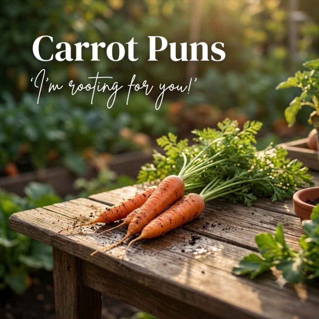 Carrot puns featured image showing fresh garden carrots on a rustic wooden table with the quote “I’m rooting for you!” in a natural outdoor setting.