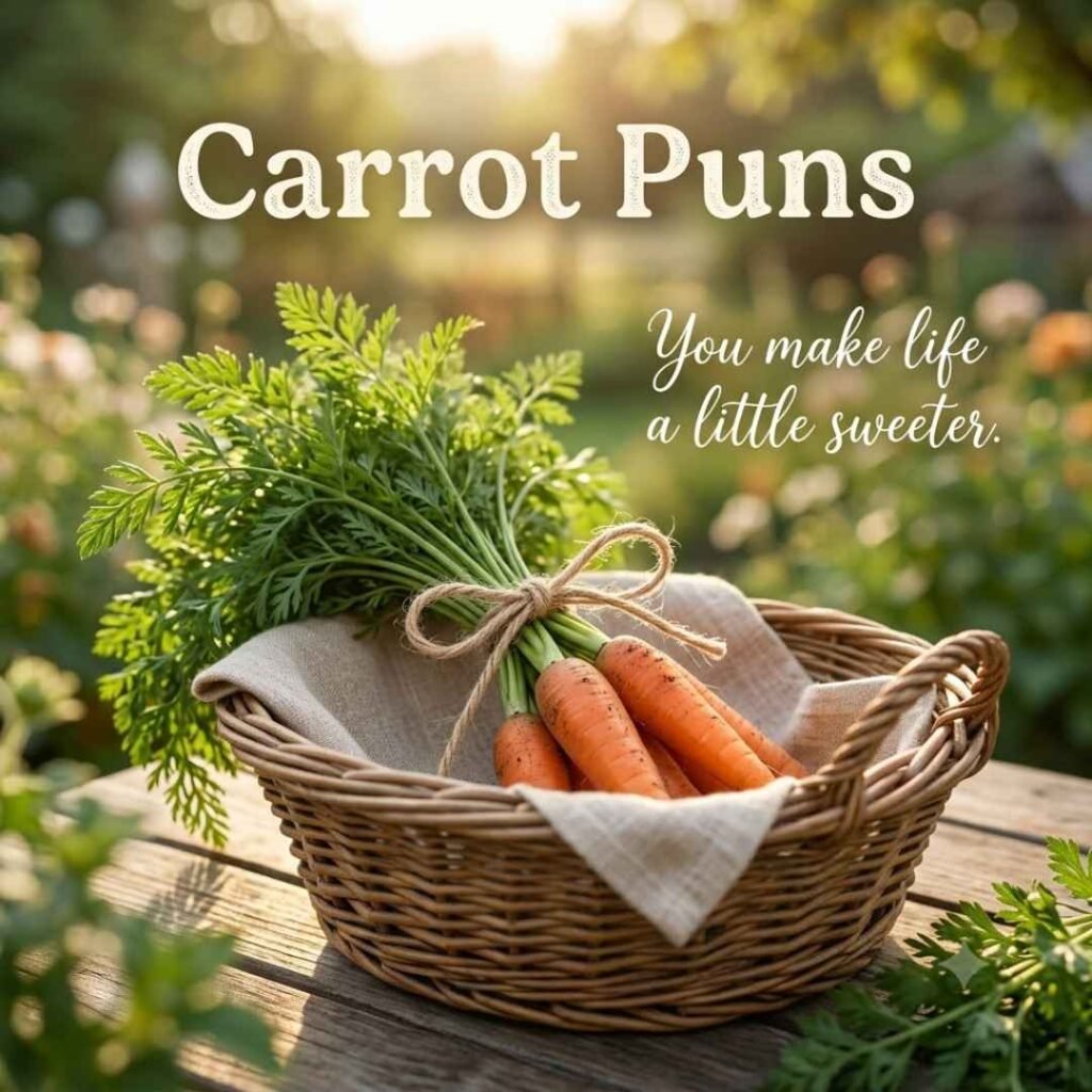 Fresh carrots in a wicker basket with a sweet message, creating a warm and inviting carrot puns image for blog readers and social sharing.