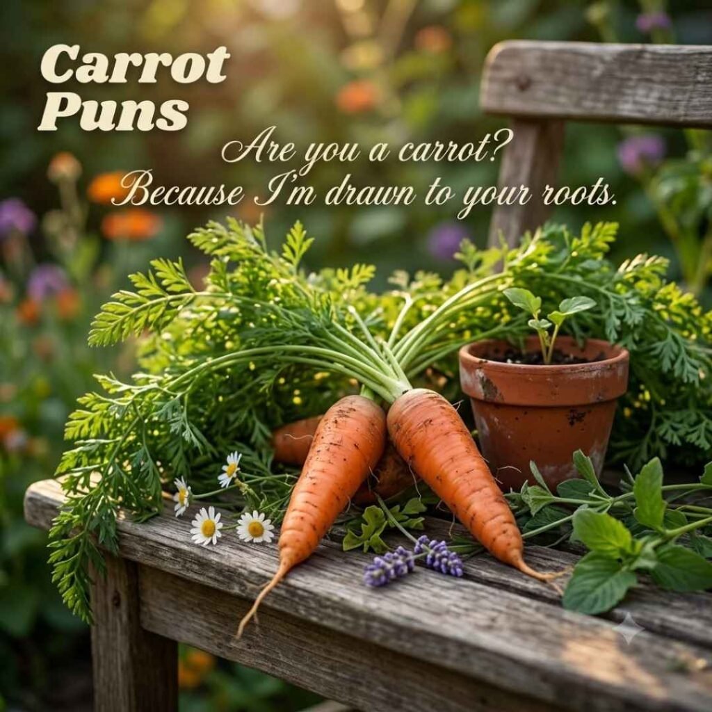 Two fresh carrots displayed in a romantic garden scene featuring a playful pickup line and the primary keyword carrot puns.