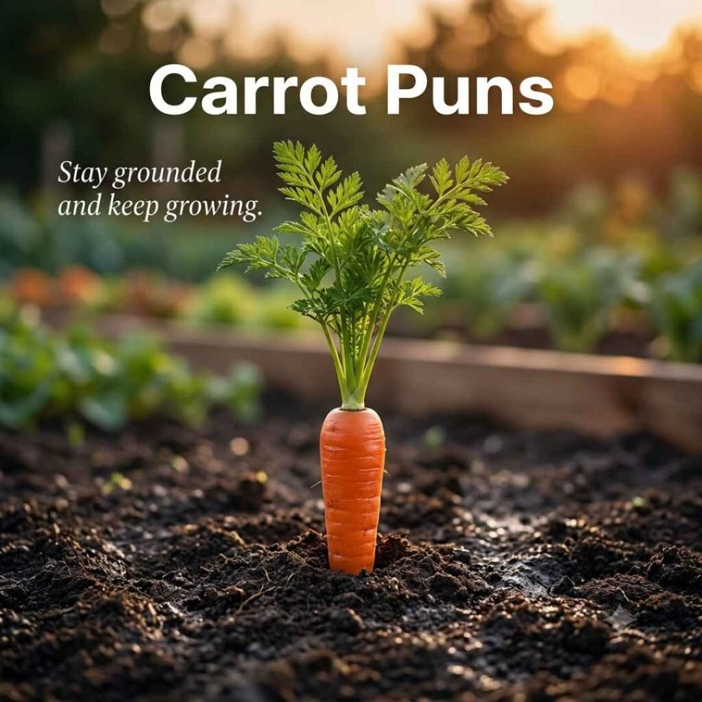 A clever carrot puns image featuring a fresh carrot growing in healthy soil with an inspirational gardening-themed saying.