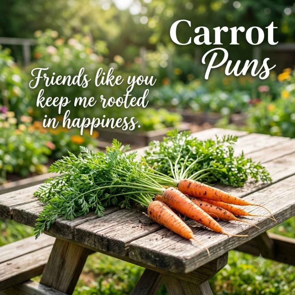 Fresh garden carrots arranged on a picnic table with a friendship quote, ending with the keyword carrot puns.