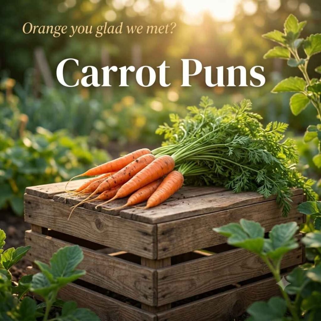 Carrot puns image featuring freshly harvested carrots in a rustic garden crate with the caption “Orange you glad we met?” in a bright outdoor setting perfect for social media sharing.