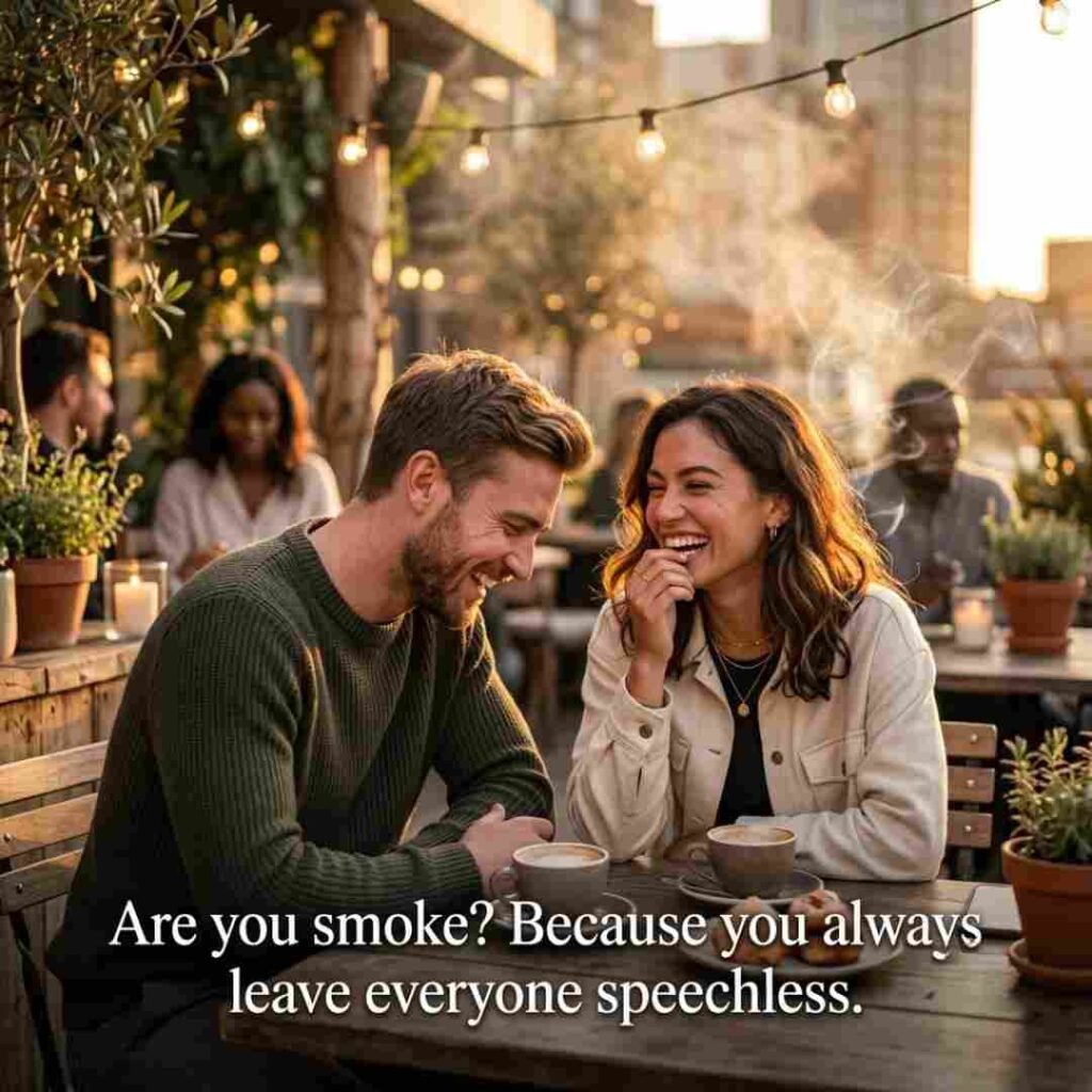 Funny Smoke Pick Up Lines image showing two people laughing in a cinematic outdoor café with a humorous pickup line.