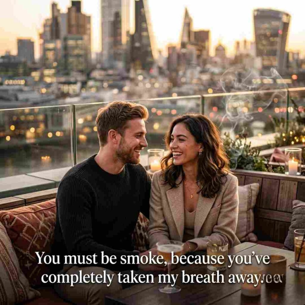 Realistic romantic couple with cinematic smoke atmosphere featuring the quote "You must be smoke, because you've completely taken my breath away" for Smoke Pick Up Lines.