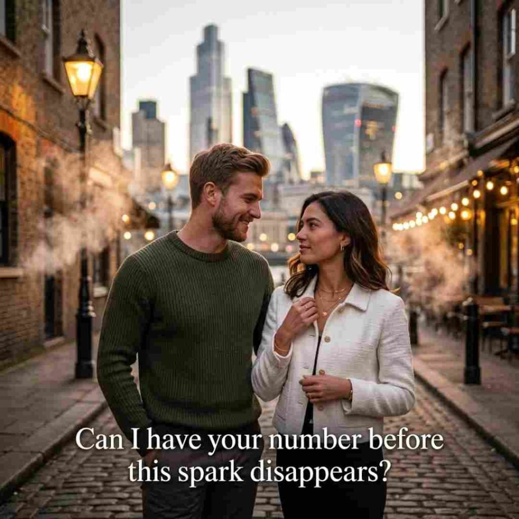 Smooth Smoke Pick Up Lines image featuring a romantic city evening and a charming line asking for her number.
