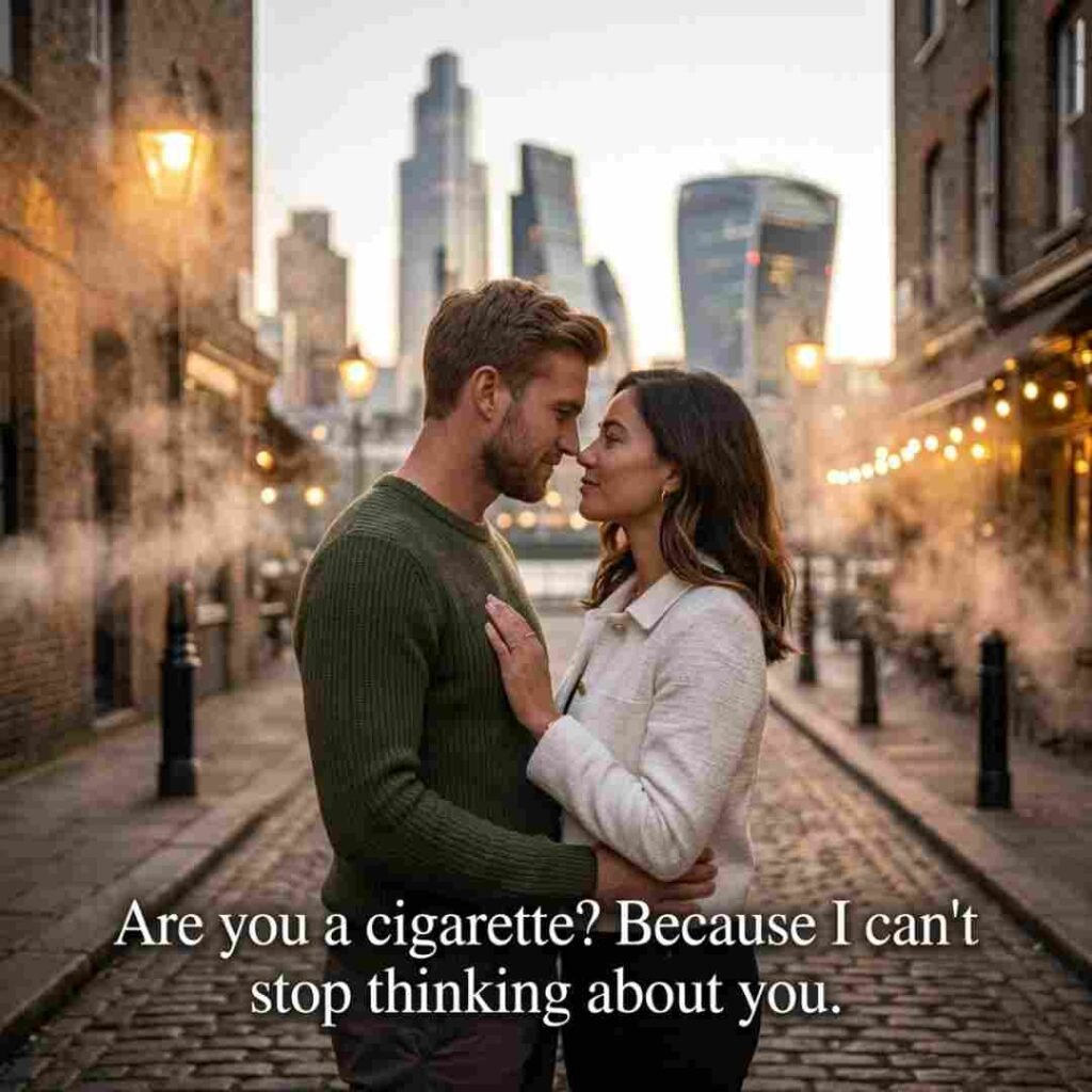 Romantic Smoke Pick Up Lines image with a dreamy couple and the quote "Are you a cigarette? Because I can't stop thinking about you."