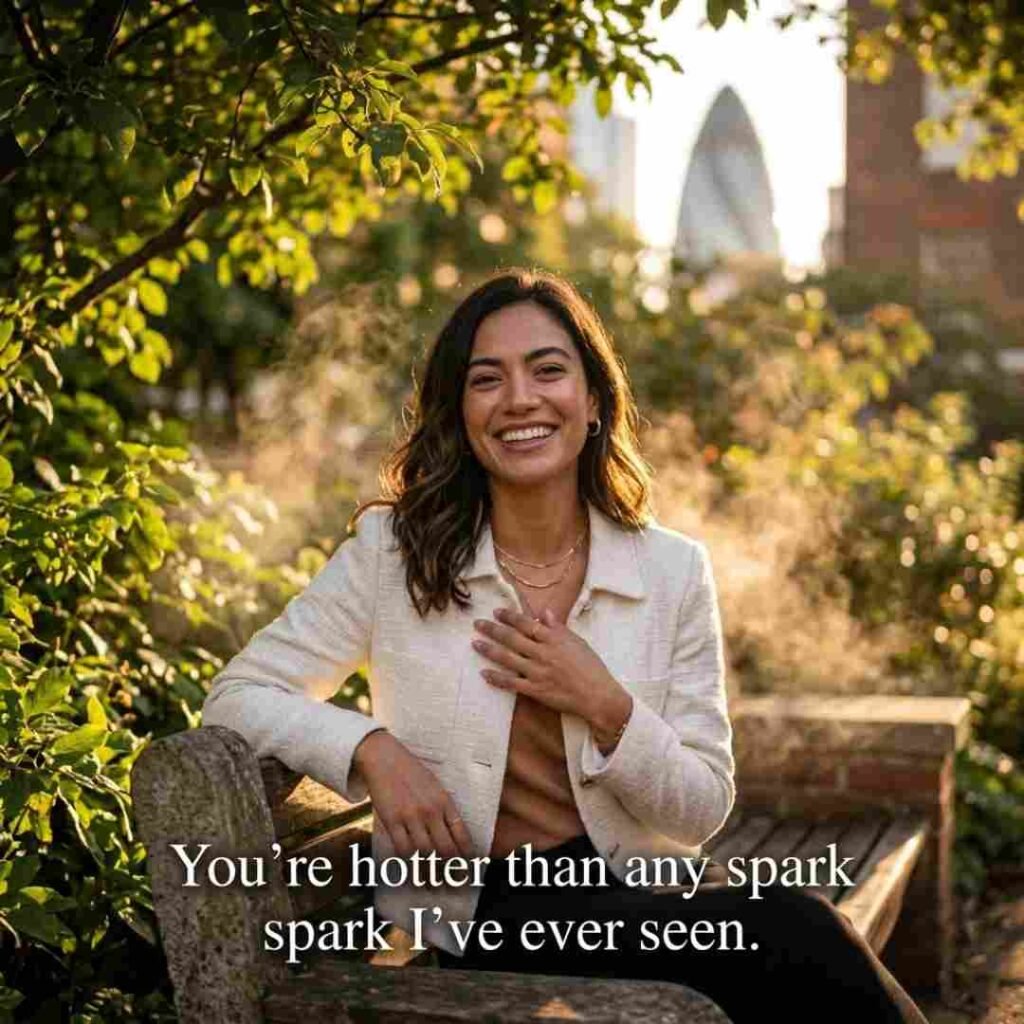 Cute Smoke Pick Up Lines image featuring a smiling woman in a beautiful park with a sweet romantic quote.