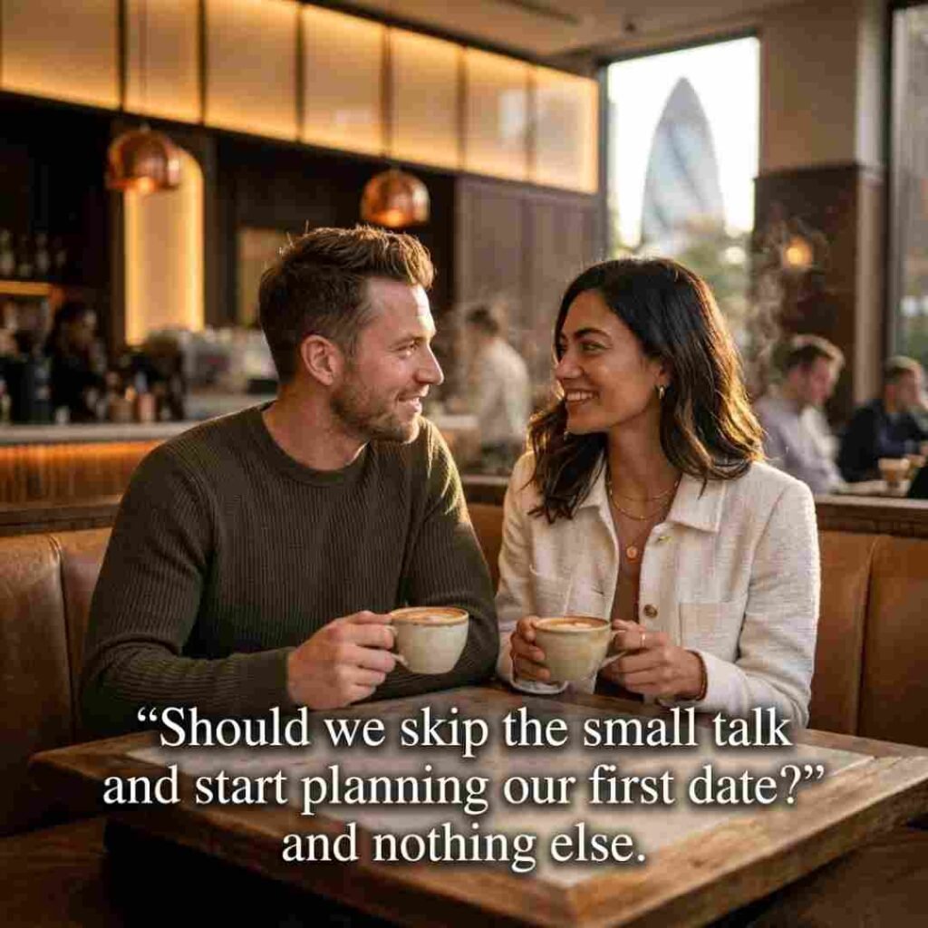Clever Smoke Pick Up Lines image showing two people meeting in a coffee shop with a witty dating opener.