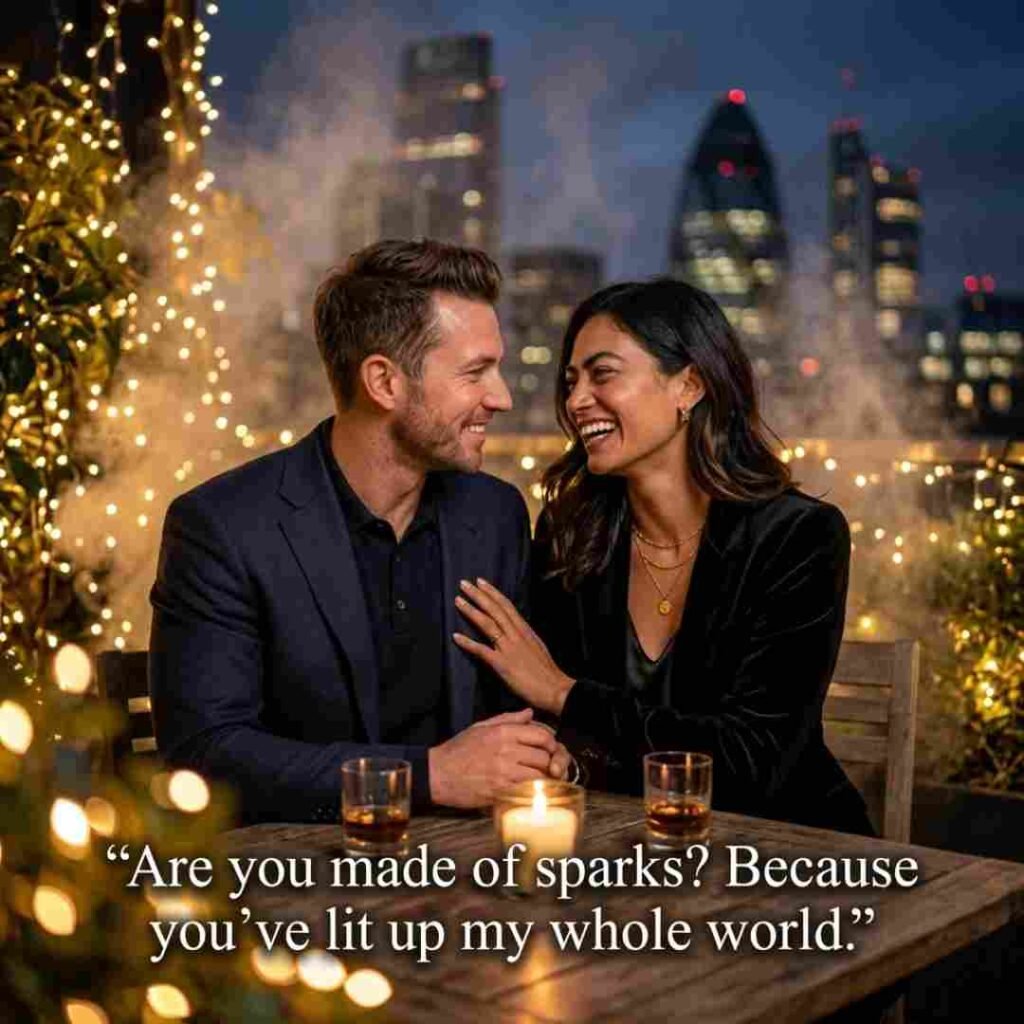 Cheesy Smoke Pick Up Lines image with romantic city lights and a heartwarming cheesy pickup line.