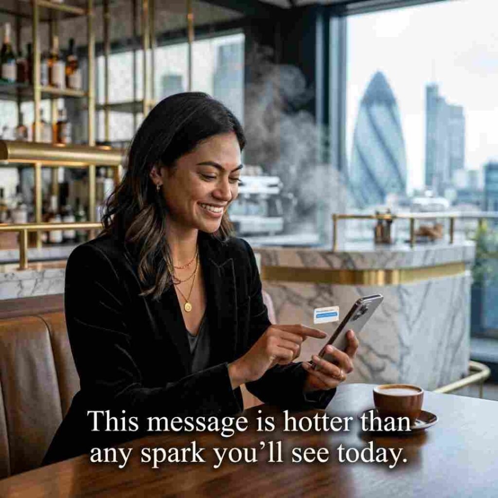 Smoke Pick Up Lines image showing a woman texting with a playful DM pickup line in a modern café.