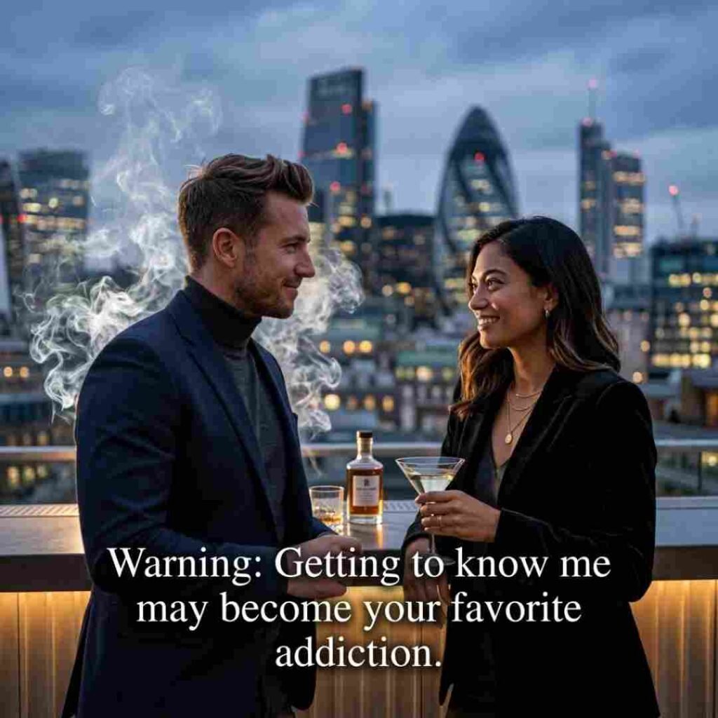 Bold Smoke Pick Up Lines image with a confident rooftop scene and a daring romantic quote.