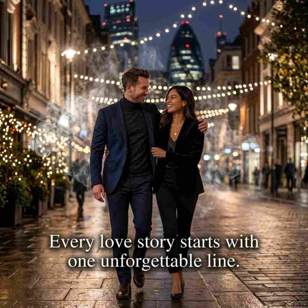 Share-worthy Smoke Pick Up Lines image featuring a romantic couple walking under city lights with an inspiring pickup line.