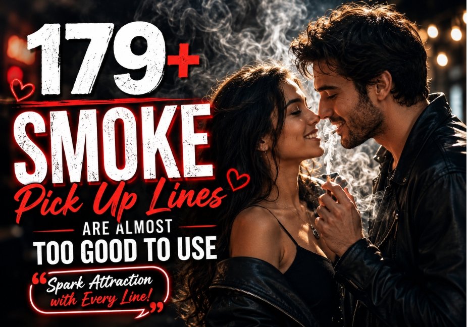 179+ Smoke Pick Up Lines Are Almost Too Good to Use" showing a realistic romantic couple surrounded by dramatic swirling smoke with the bold title "Smoke Pick Up Lines" and cinematic lighting in a premium blog banner