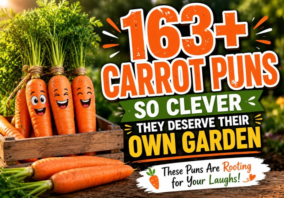 163+ Carrot Puns So Clever They Deserve Their Own Garden featuring realistic fresh carrots in a vibrant garden, rustic harvest basket, golden-hour cinematic lighting, and playful vegetable humour, designed for readers searching for carrot puns