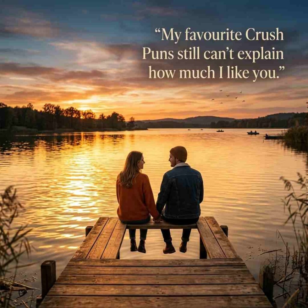 Romantic lakeside sunset image featuring a crush puns love quote in elegant typography.