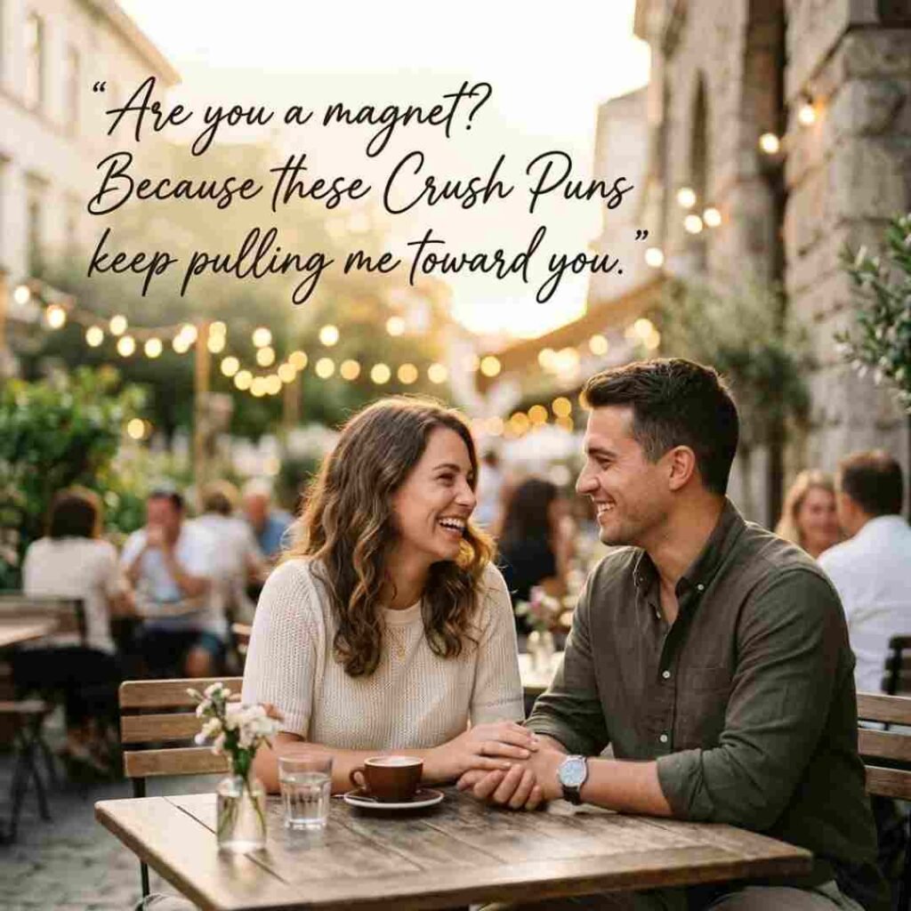 Romantic café scene featuring a flirty crush puns quote in elegant typography and warm golden-hour photography.
