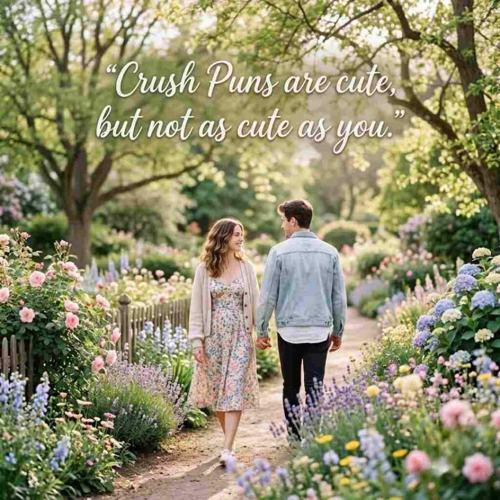 Cute spring park image with a sweet crush puns quote and realistic romantic lifestyle photography.