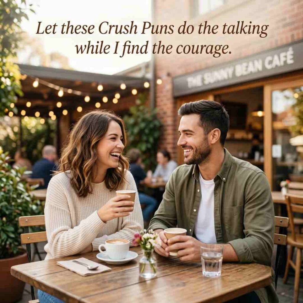 Coffee shop conversation scene with a crush puns quote designed for breaking the ice.