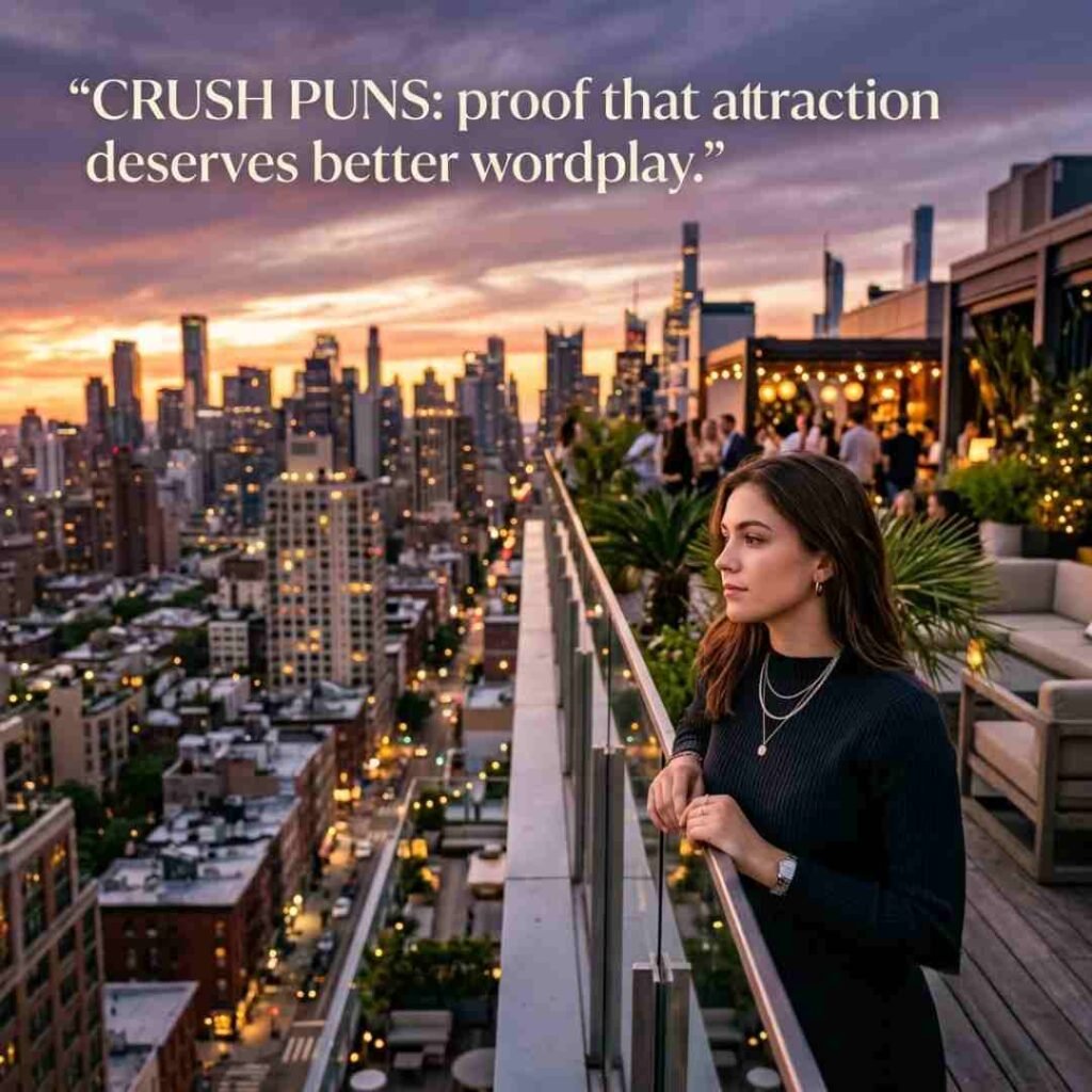 Instagram-inspired rooftop image featuring a clever crush puns quote and cinematic city views.