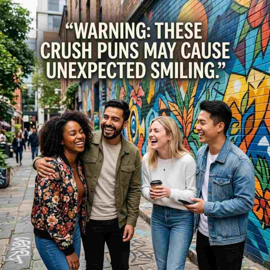 Friends laughing outdoors with a humorous crush puns quote designed for viral social sharing.