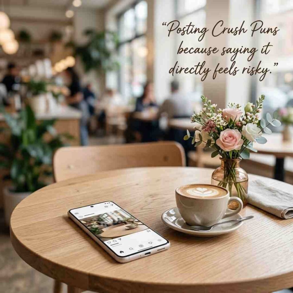 Social media themed image with smartphone, coffee, and a relatable crush puns caption quote.