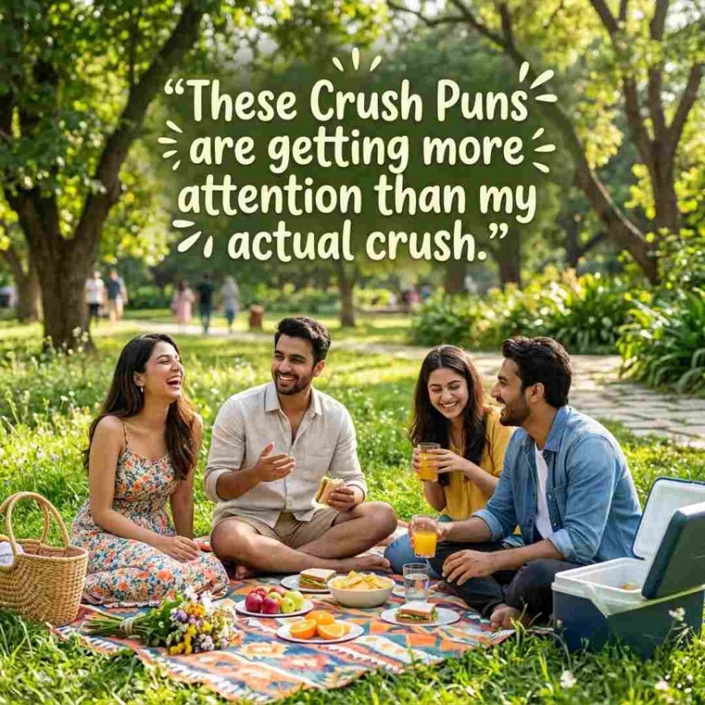 Fun picnic gathering with a laugh-out-loud crush puns quote and cheerful outdoor setting.