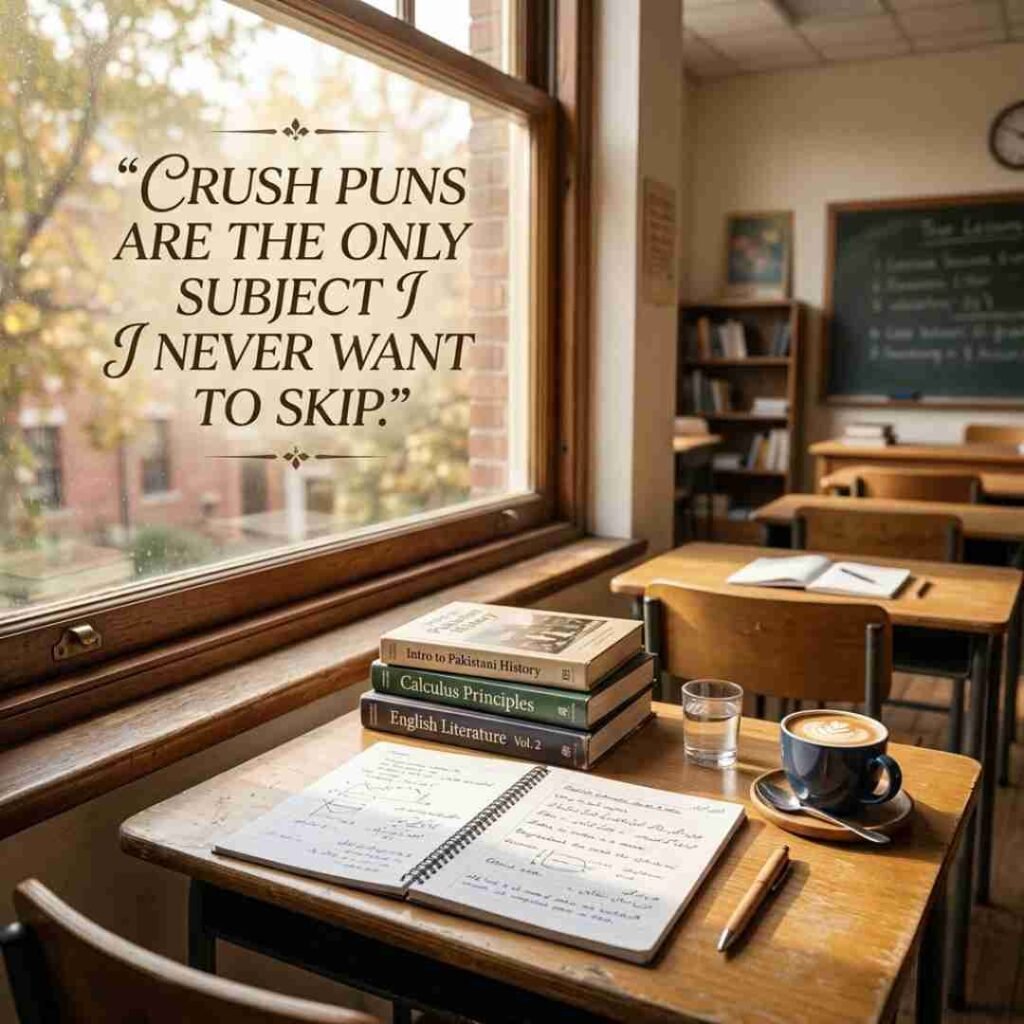 Study desk and classroom-inspired image featuring a school-themed crush puns quote.