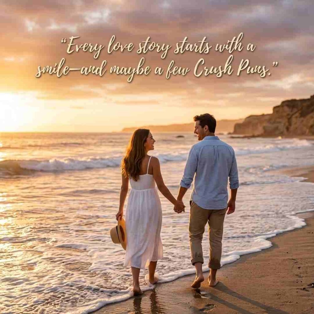 Beachside couple walking at sunset with a romantic crush puns quote in elegant typography.