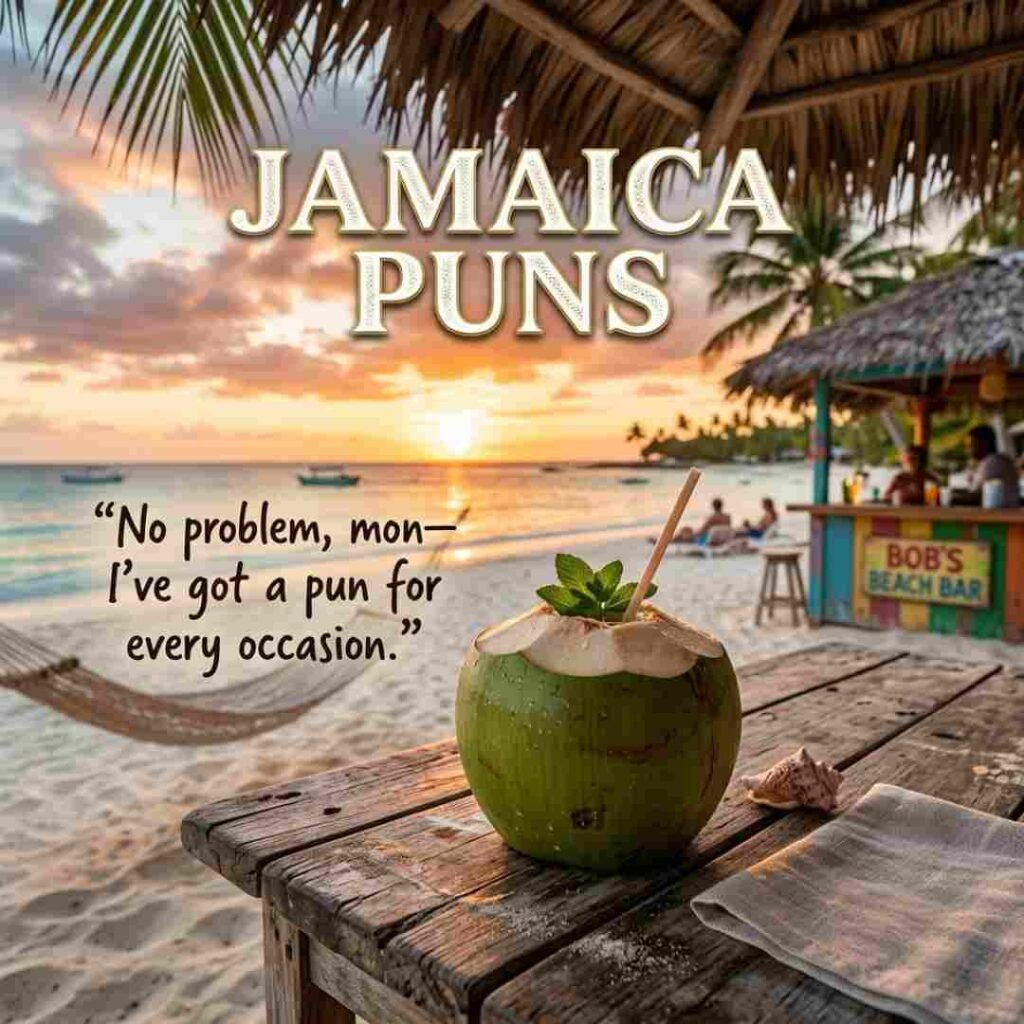 A humorous Caribbean beach setting featuring a coconut drink and ocean view with Jamaica Puns displayed in bold typography and warm tropical lighting.