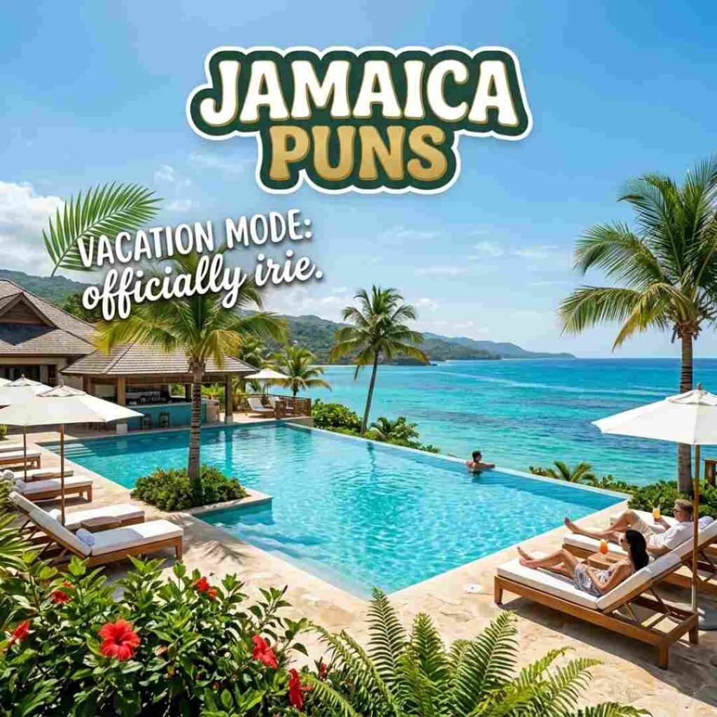 Luxury Caribbean resort and infinity pool scene featuring Jamaica Puns, tropical relaxation, and dream vacation vibes in Jamaica.