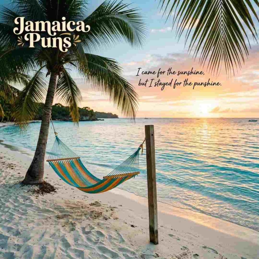 Jamaica Puns featured on a tropical Jamaican beach with turquoise water, palm trees, golden sunset lighting, and an Instagram-worthy Caribbean travel scene.