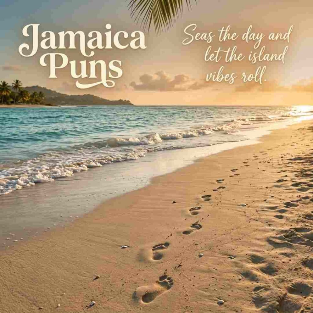 Beautiful Jamaican shoreline with tropical waves and beach-themed Jamaica Puns, captured in a premium travel photography style.