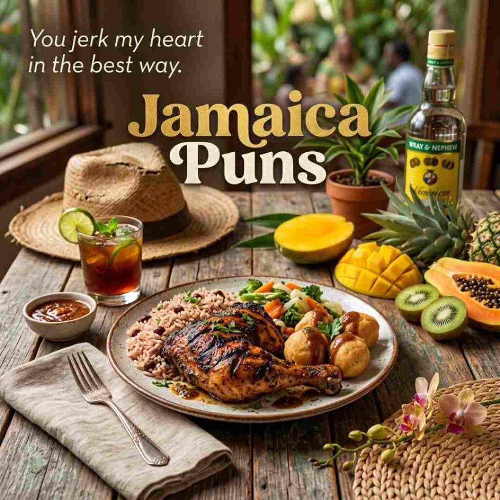 Authentic Jamaican food photography featuring jerk chicken and tropical fruits with Jamaica Puns integrated into the composition.