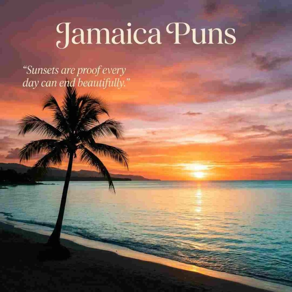 Spectacular Caribbean sunset scene with tropical silhouettes and Jamaica Puns displayed against a colourful evening sky.