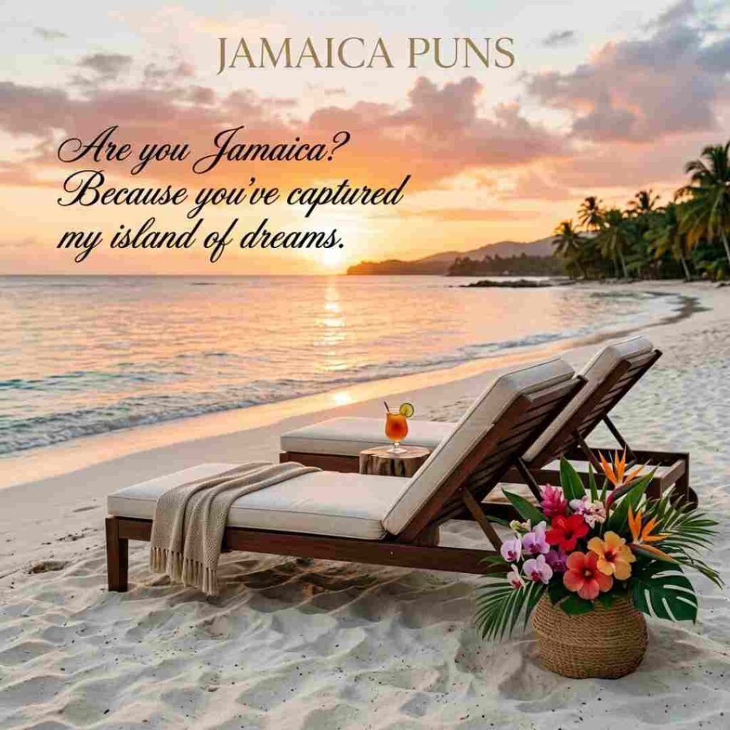 Romantic tropical beach scene with sunset views and elegant Jamaica Puns designed for couples and travel inspiration.