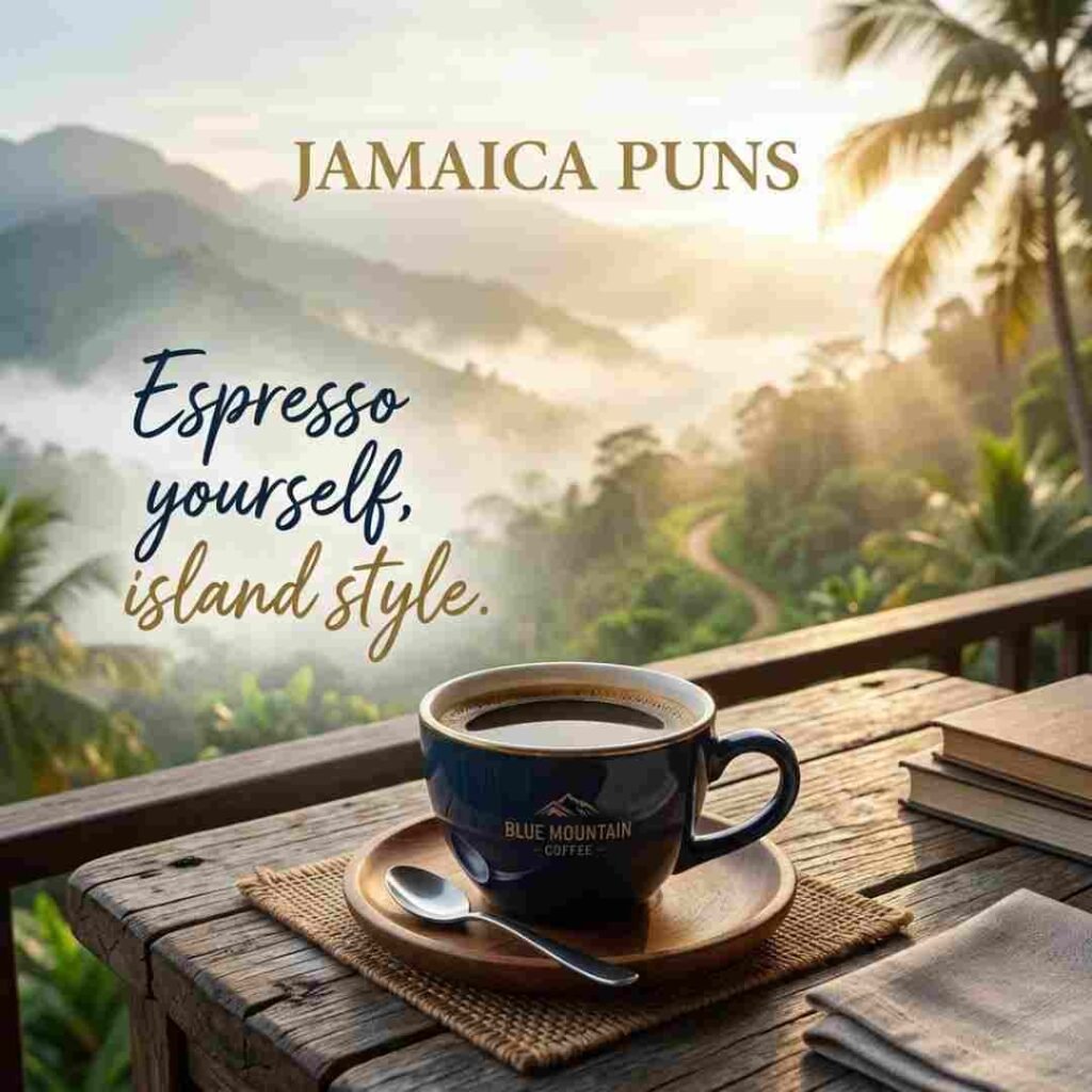 Premium Jamaican Blue Mountain coffee scene featuring misty mountain views and Jamaica Puns in a sophisticated café setting.