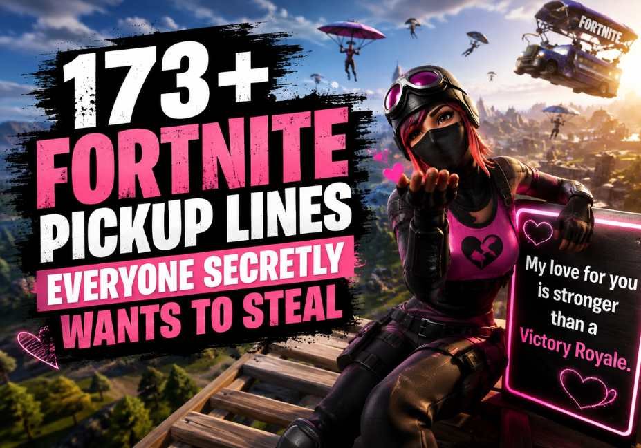 173+ Fortnite Pickup Lines Everyone Secretly Wants to Steal blog featured image showing a realistic Fortnite-inspired battle scene with a romantic gamer character, Victory Royale theme, cinematic lighting, bold typography, and a premium gaming-style design.