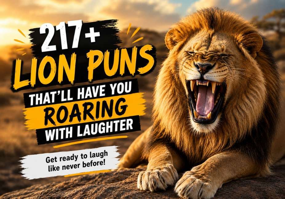 217+ lion puns that’ll have you roaring with laughter, featuring a realistic laughing lion on a sunlit rock in the African savanna with bold typography and a playful paw-print accent.