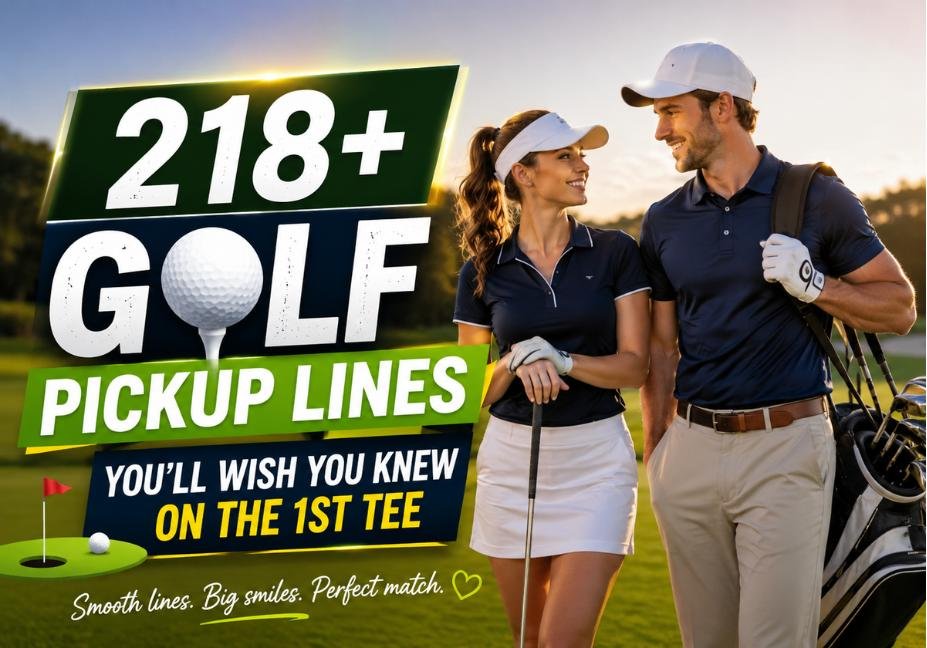218+ golf pickup lines featured on a sunny golf course with a smiling couple in golf attire, golf clubs, a golf ball, and bold text promoting smooth pickup lines for the 1st tee.