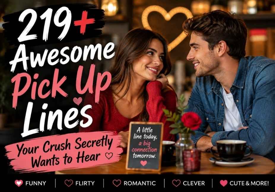 219+ Awesome Pick Up Lines featuring a smiling couple enjoying a romantic café conversation, with funny, flirty, romantic, clever, and cute pickup line themes.