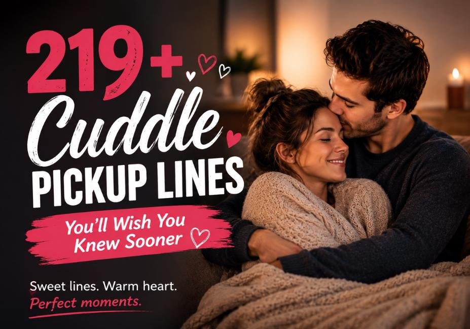 219+ cuddle pickup lines featuring a cozy couple cuddling together on a couch with warm romantic lighting, soft bokeh lights, and bold text promoting sweet and charming cuddle pickup lines for flirting and romance.