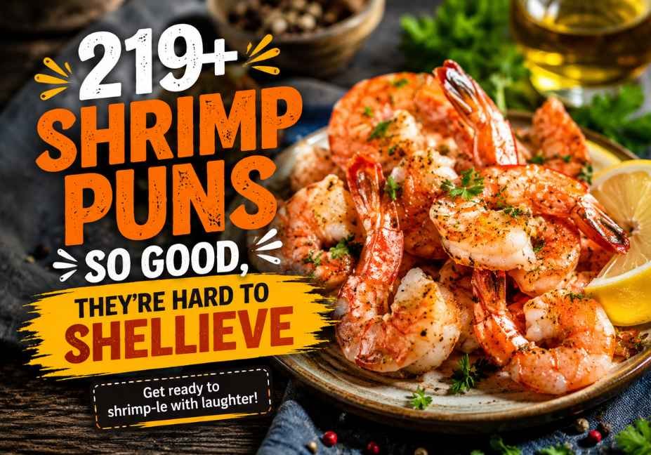 219+ shrimp puns so good, they’re hard to shellieve, featuring a realistic plate of seasoned shrimp with lemon and fresh herbs on a rustic table, warm cinematic lighting, and bold typography for a funny shrimp puns blog article.
