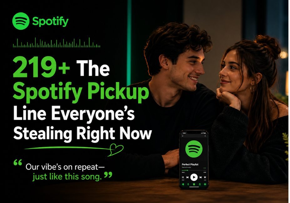 219+ Spotify pickup lines featuring a realistic couple sharing a romantic moment beside a smartphone with a music playlist, cinematic green lighting, and a modern music-themed setting, created for a Spotify pickup lines blog article.